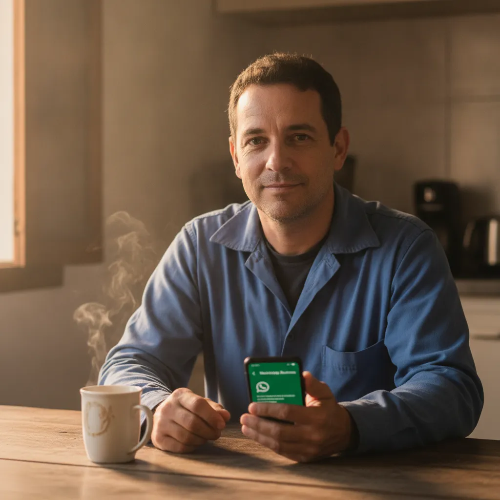 A photorealistic, documentary-style medium shot of a Brazilian man in his mid-thirties sitting at a worn wooden kitchen...